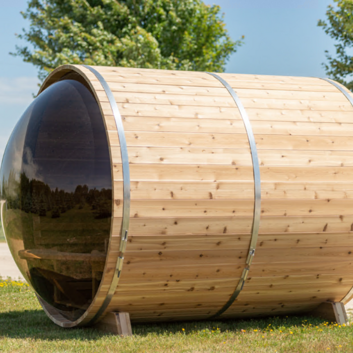 Leisurecraft Barrel Sauna Panoramic View Red Knotty ø 213 x l 310 cm Package Deal